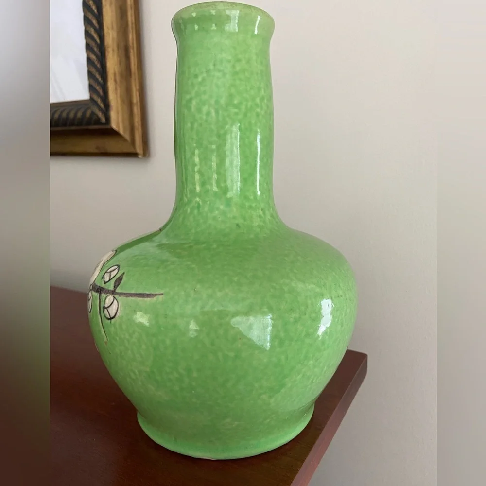 Vintage Green Floral Sakura Cherry Blossom Ceramic Vase Made In Japan Beautiful
